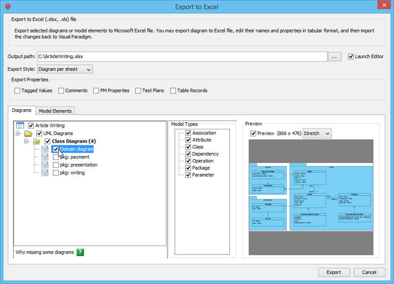 Export Excel window