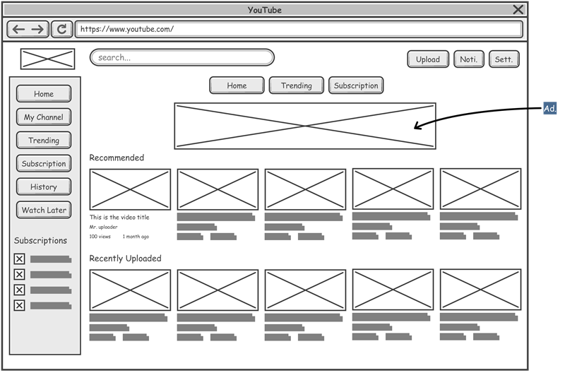 YouTube wireframe example