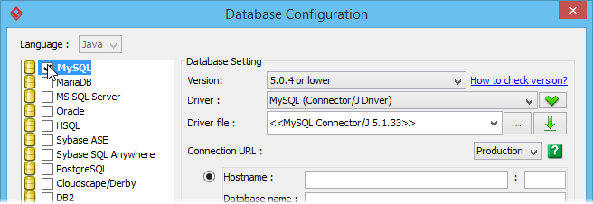 Select MySQL in database configuration