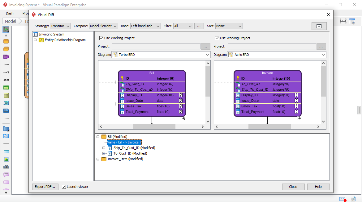 Using Visual Diff on ERD