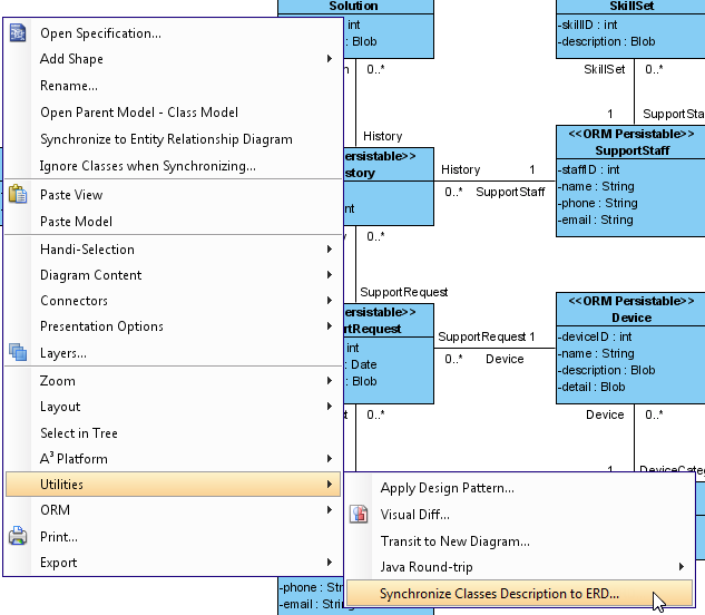 synchronize class documentation to ER diagram