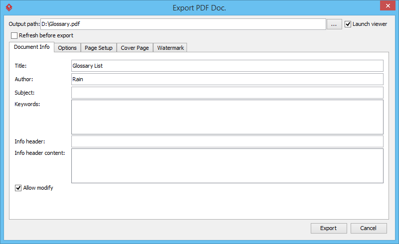 Export PDF Document Window