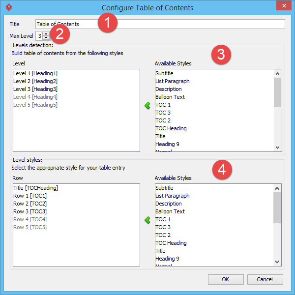 Configure table of contents