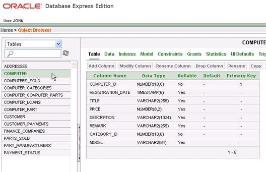 Confirm generated Oracle database in Web Object Browser