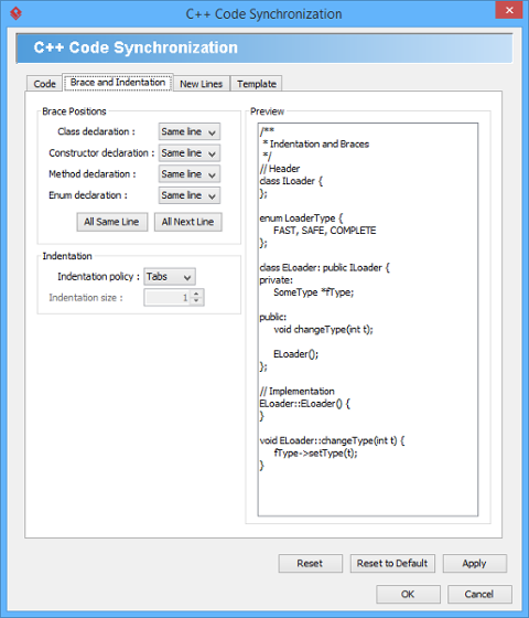 Brace and indentation configuration