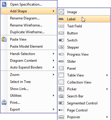 Creating a wireframe element via the popup menu