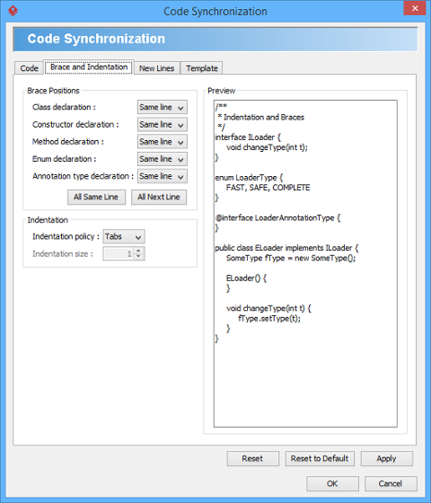 Brace and indentation configuration