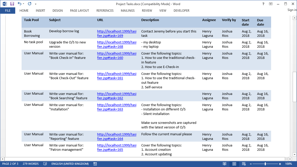 Outputting tasks to document