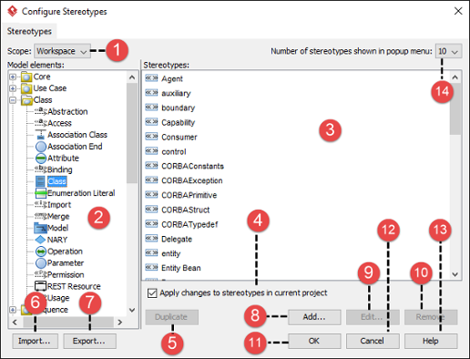 An overview of Configure Stereotypes window