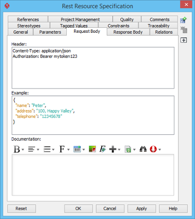 Request header and example specified