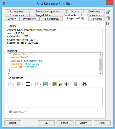 Response header and example specified