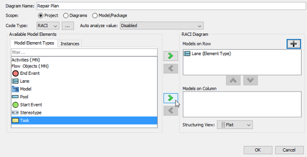 Select a model element type for row and column