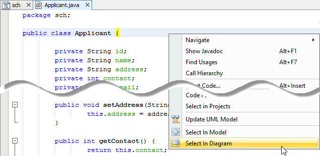 Open the view of UML class from a source file