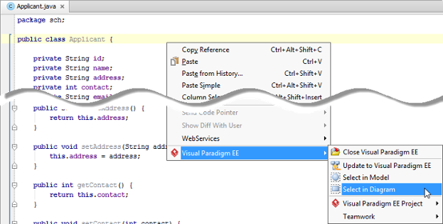 Open the view of UML class from a source file