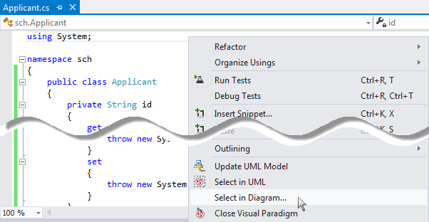 Open the view of UML class from a source file