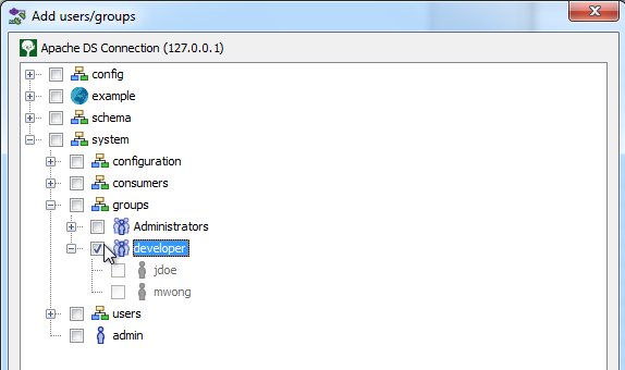 Select user groups to add to DS Connector Console