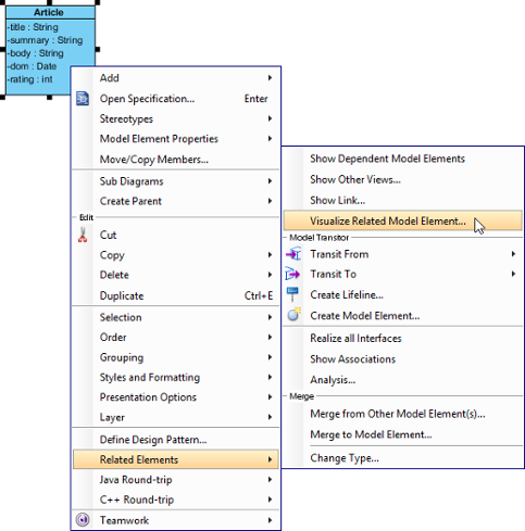 Select Visualize Related Model Element...