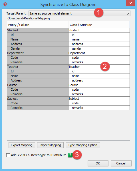 The Synchronize to Class Diagram window