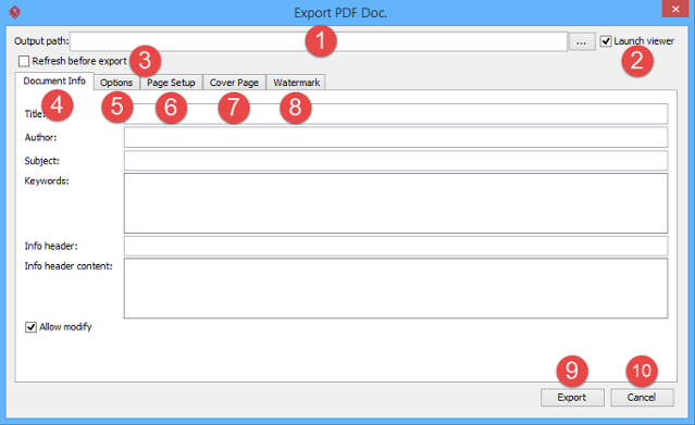 The overview of Export PDF document dialog box 