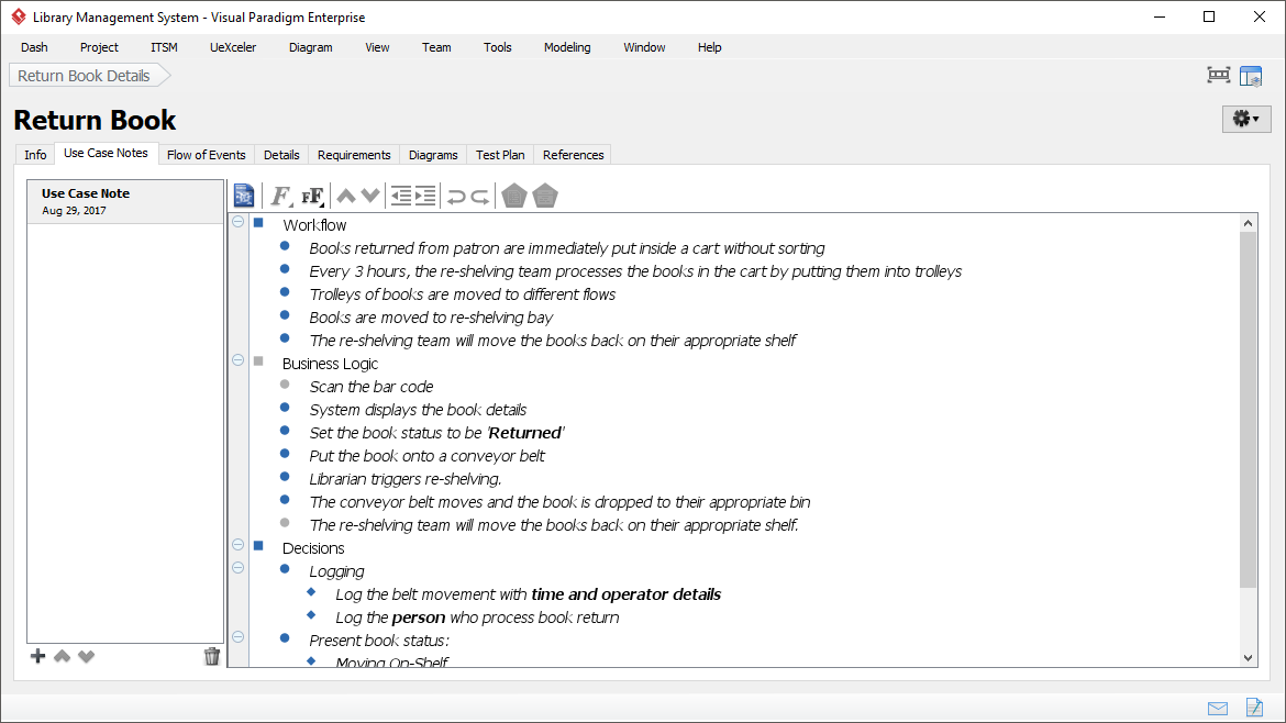 Use case notes editor